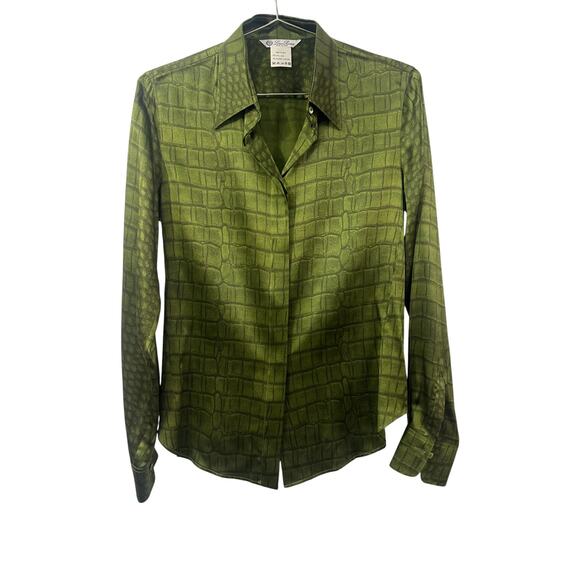 Loro Piana Silk Crocodile Print Button-Up Long Sleeve Shirt Green Women's - Picture 1 of 4